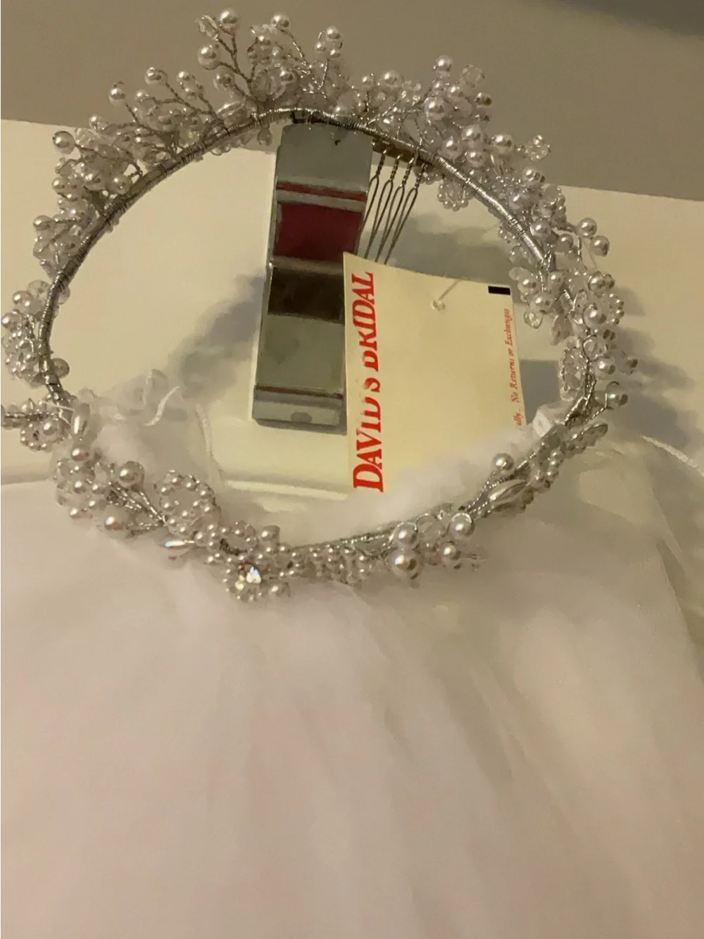 David's Bridal White Pearl Cluster Headband with Veil